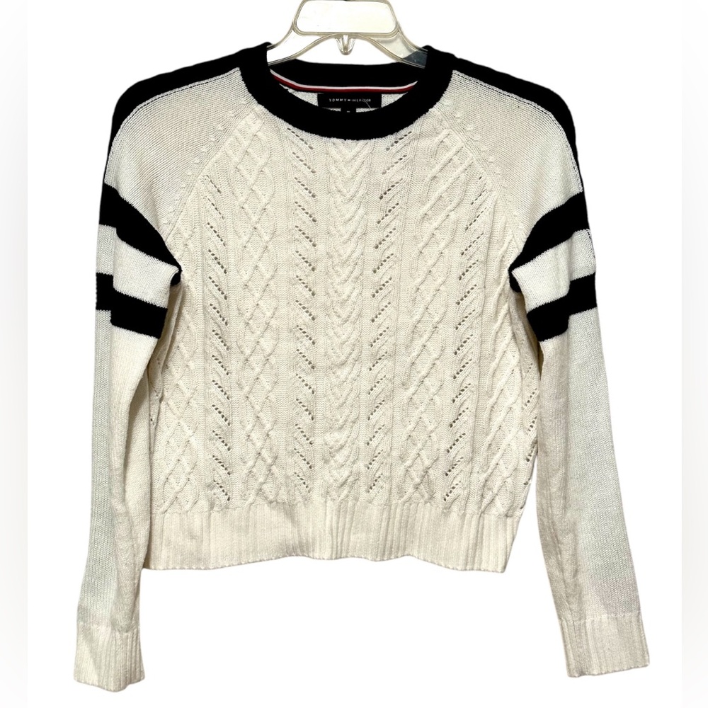 Tommy Hillfiger Cable Knit Sweater Long Sleeve Off White Cream & Navy M
